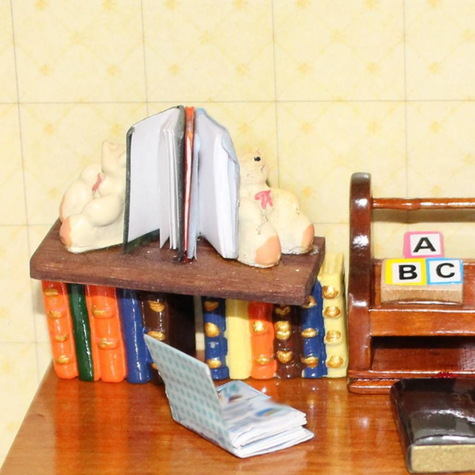 

Dollhouse Bookshelf Display Wooden Base Bear Book Display Mini Bookshelf Handmade Style Dollhouse Books Painted