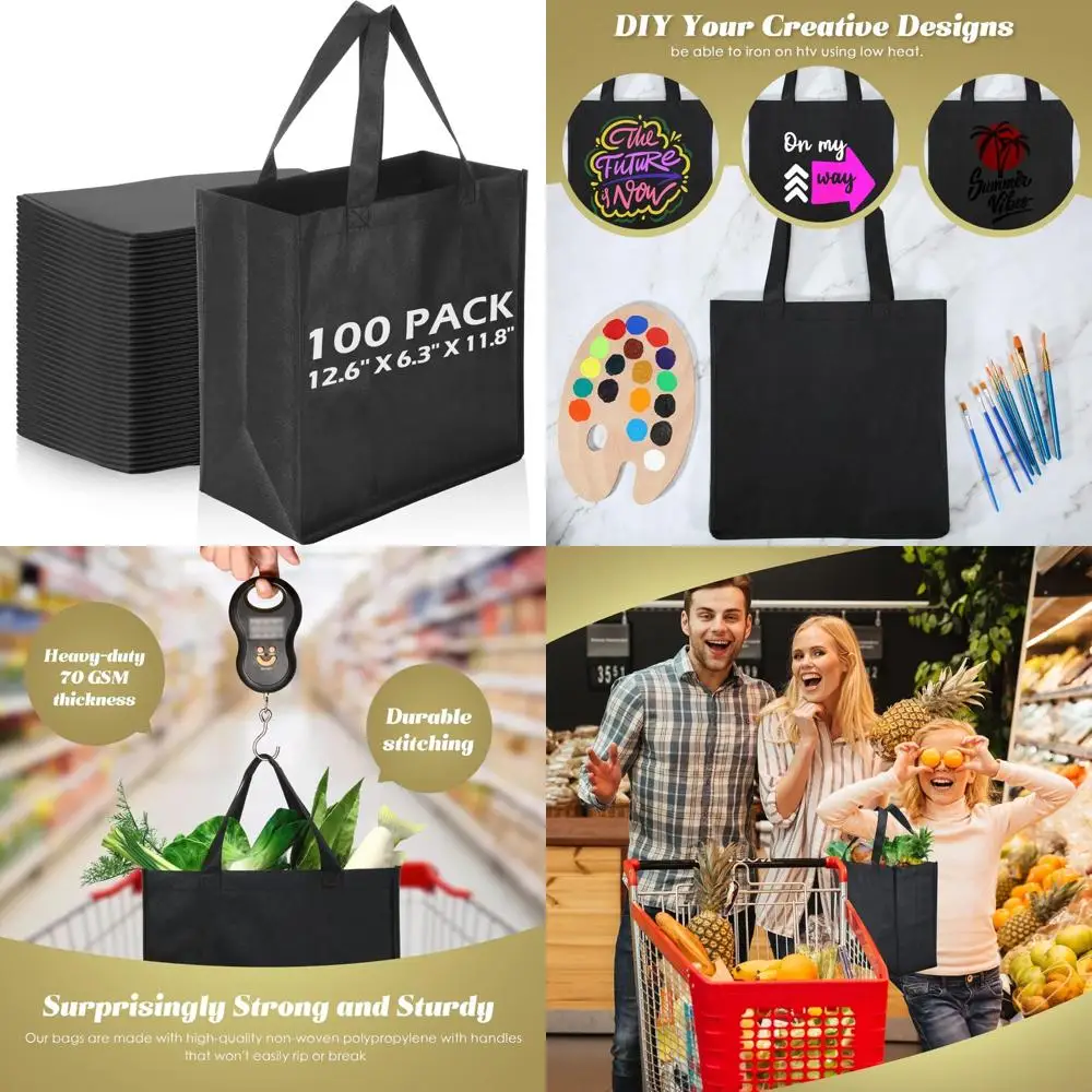 Herbruikbare draagtassen - 100-pack non-woven boodschappentassen voor winkelen, evenementen en winkels (zwart)