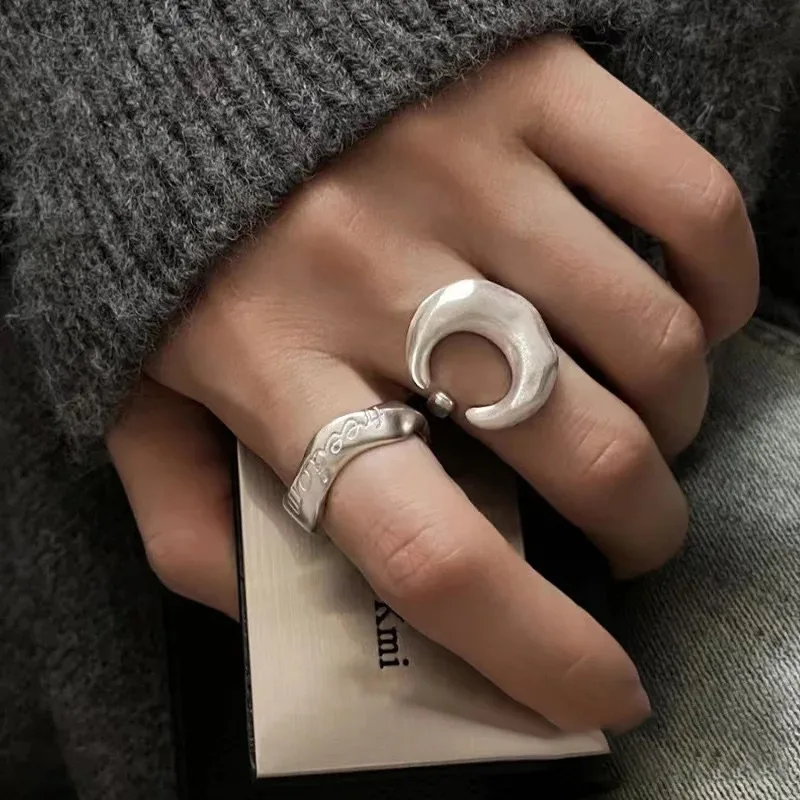 Vintage Moon Open Ring - Brushed Texture, Copper Plated Silver, Minimalist Style, Sleek Index Finger Ring For Women M394