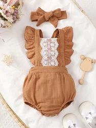 Design Sense Baby Girls Brown Square Collar Lotus Sleeve Suspenders Triangle Dress Bow Headscarf Cute Two-Piece Summer Jumpsuit