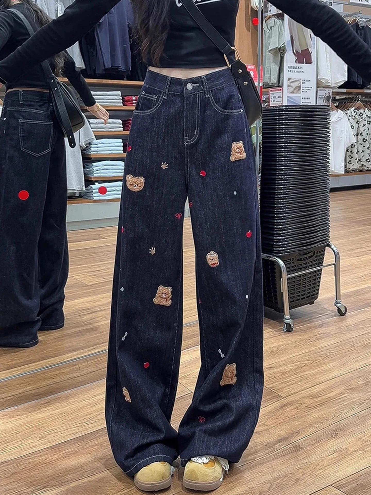 

Retro American Bear Embroidery Jeans Women's High Waist Straight Leg Floor-Length Pants Autumn New plus Size Comfortable