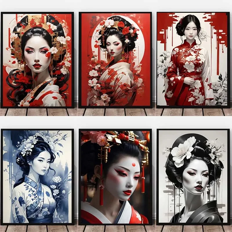 Japanese Geisha Woman Watercolour Poster Print Female Wall Art Pictures Canvas Painting Living Room Bedroom Home Decor Gift