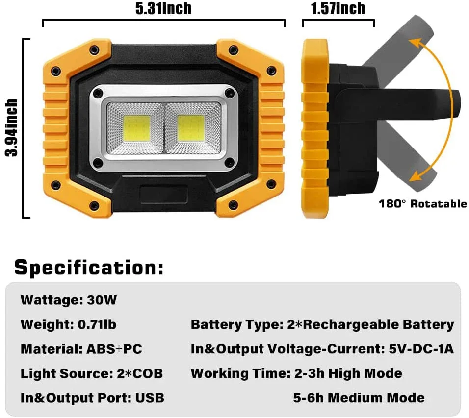 Projecteur LED COB portable haute puissance, super lumineux, lampe de travail, projecteurs rechargeables pour extérieur, lanterne de secours