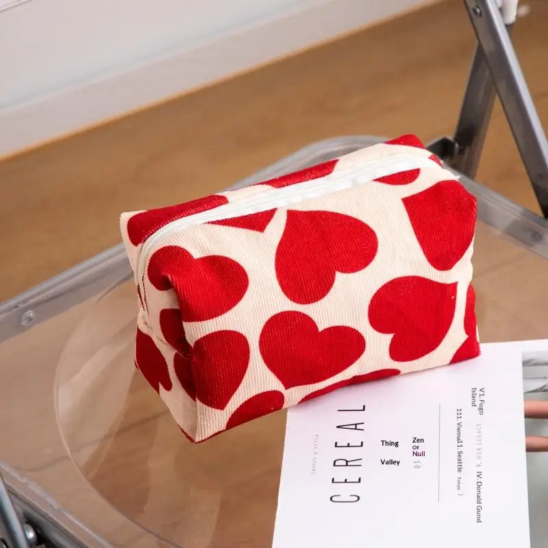 Red Heart Corduroy Women Cosmetic Bag Travel Portable Makeup Pouch Toiletry Storage Bag Cute Pencil Organizer Purse Case