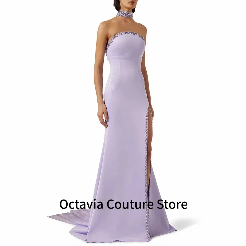 

Strapless Mermaid Evening Dress Customized Halter Cape Sleeveless High Split Crystals Saudi Arabia Prom Gown Party Dresses