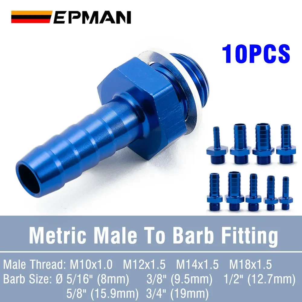 Epman-barbプッシュオンホースフィッティングアダプター、ブルーメトリック、m10x1.0、m12x1.5、m14x1.5、m18x1.5から5、16 "、3/8" 、1/2 "、5/8" 、3/4 "、epmbtm、10個