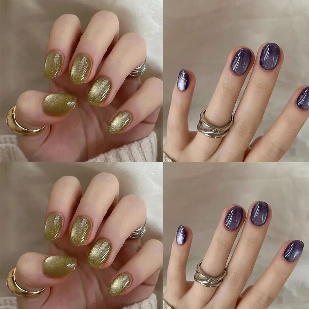 Manicure Oval False Nails French Green Purple Cat Eye Press on Nails Gradient Detachable Fake Nials Women