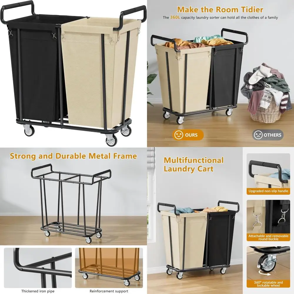 

Dual Bag 360L Rolling Laundry Sorter Cart - Heavy Duty Basket Organizer for Home Use