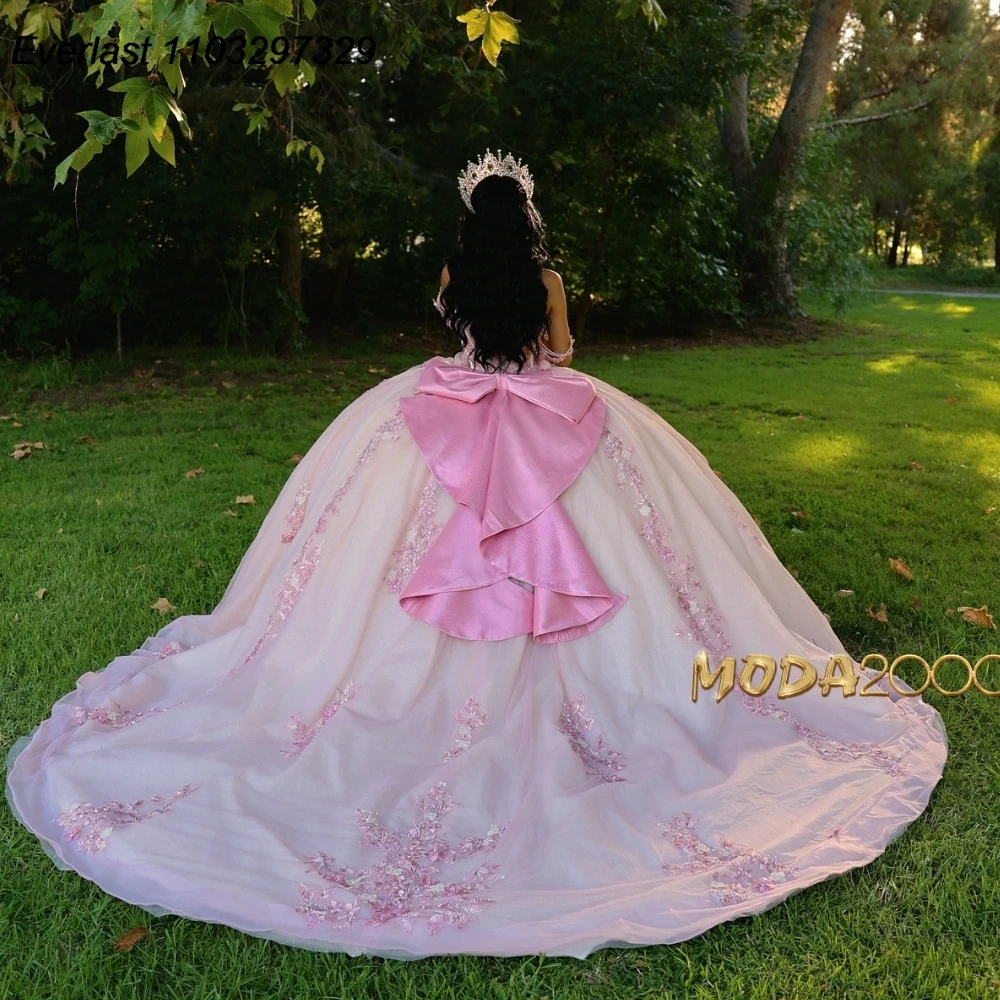 EVLAST abito Quinceanera rosa lucido abito da ballo paillettes pizzo Applique perline messico arco corsetto dolce 16 Vestido De 15 Anos QD1076