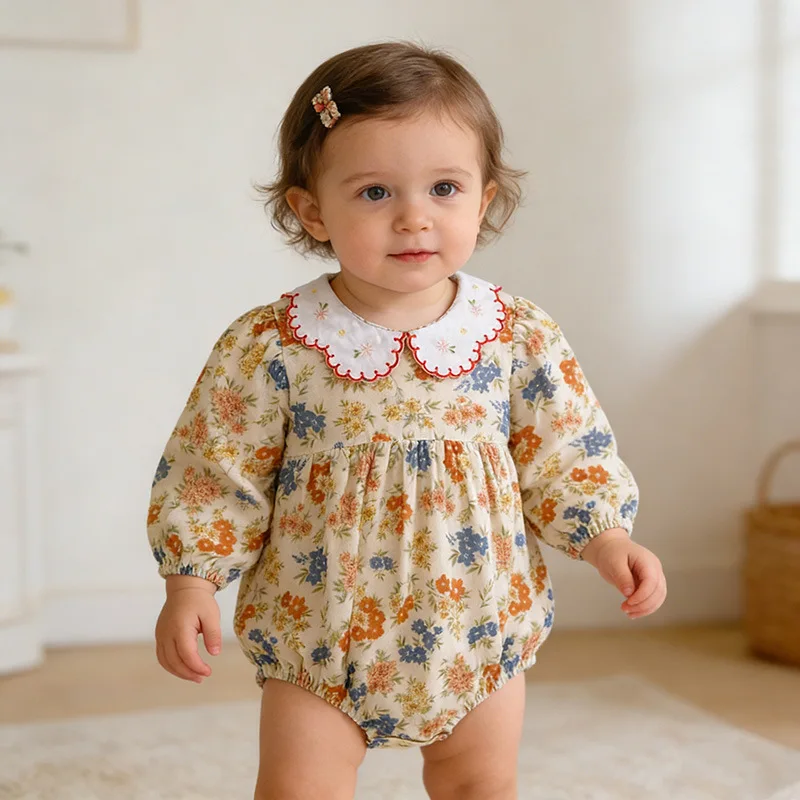 Girls Onesie 2026 Spring and Summer New Childrens Wear Korean Style Girl Baby Foreign Style Floral Embroidery Collar Onesie