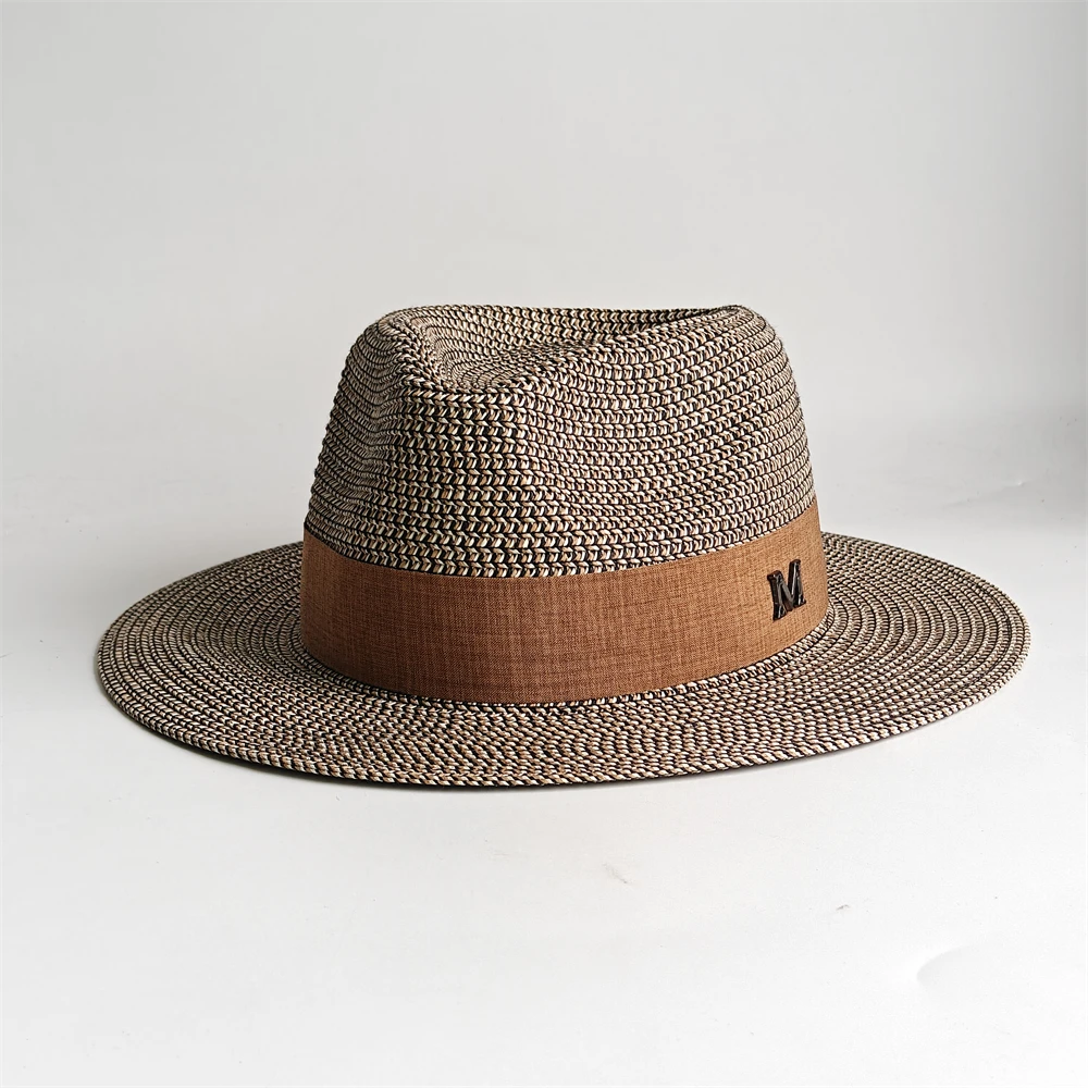 Classic Wide Brim Straw Panama Hat Unisex Summer Sun Cap Luxury Metal M Band Fedora Elegant Beach Visor with Velcro Adjuster view 4