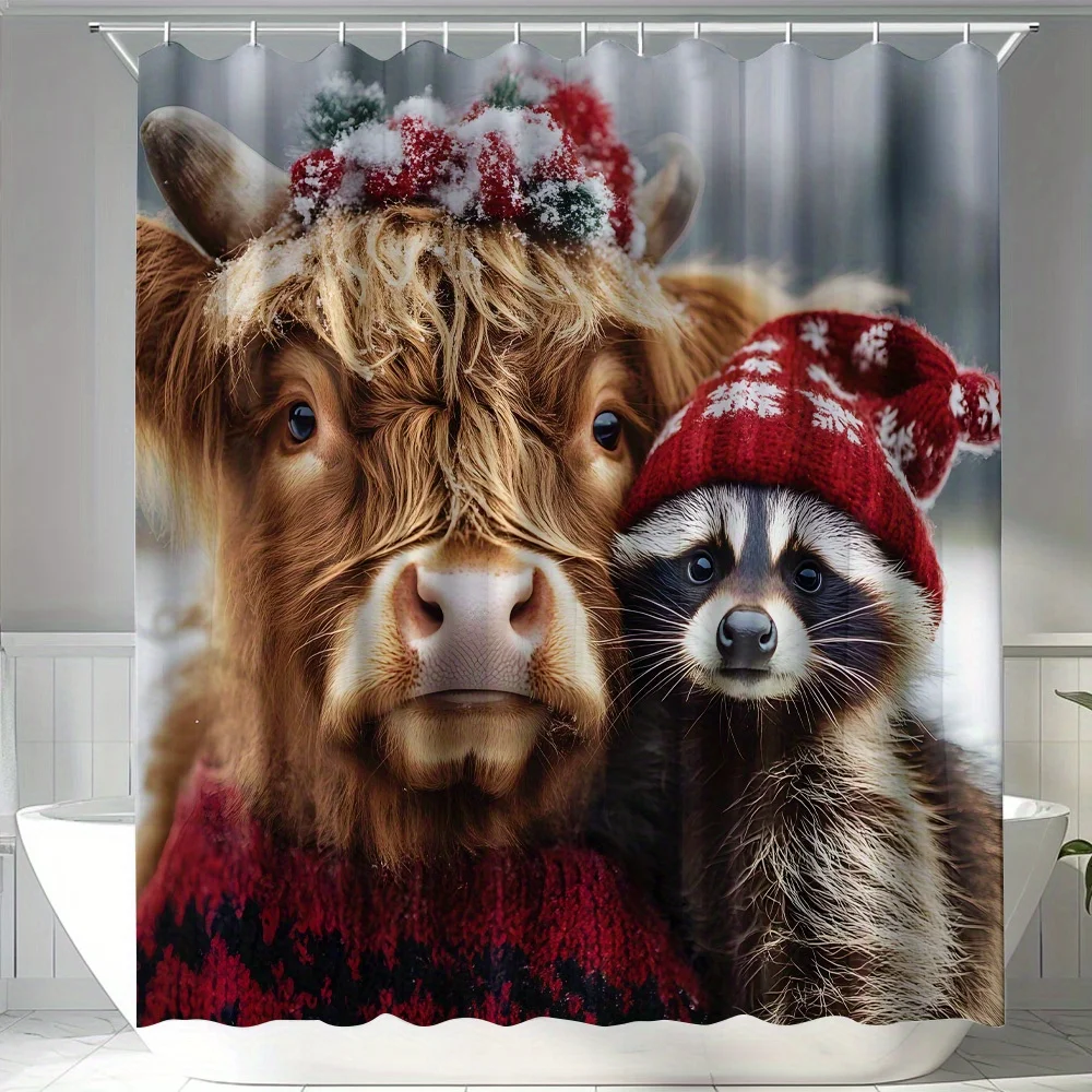 1pc, Shower Curtains for Bathroom, Christmas Cattle Printed Shower Curtain Bath Decor Home Decoration Bathroom Curtain
