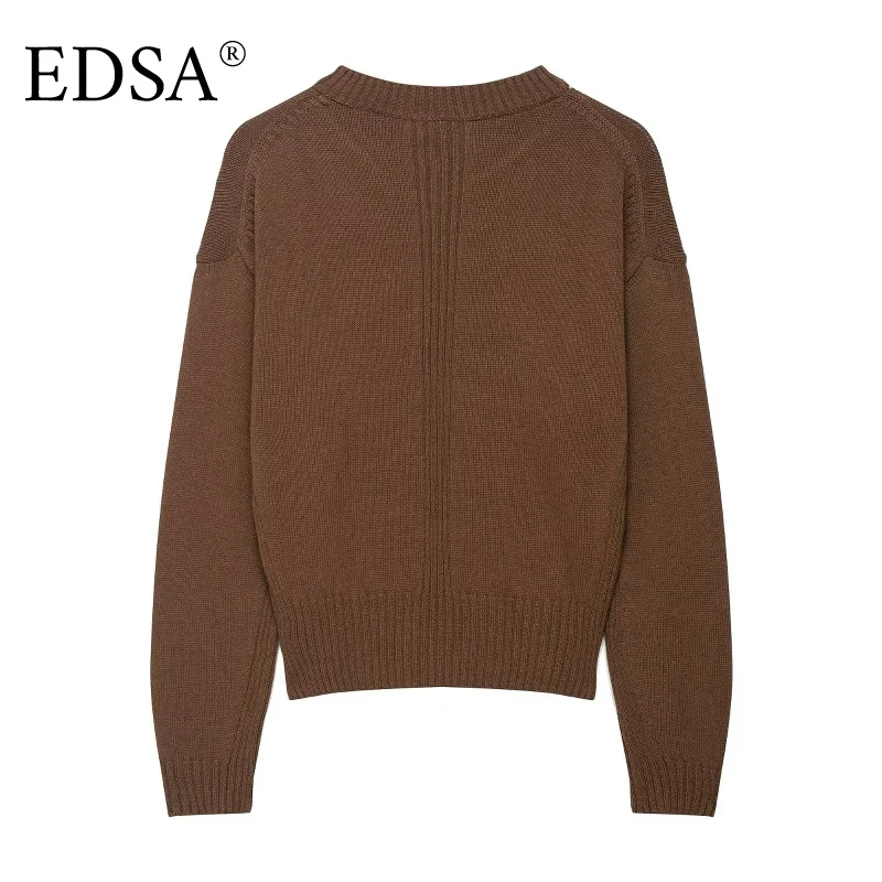 EDSA レディース V ネック ニット セーター 長袖 リブトリム 春秋 プルオーバー