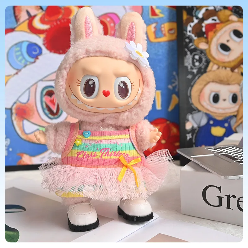 

Для 17 см комплекты одежды для кукол Labubu, растягивающийся макарон, Радужный комбинезон, комплект без бретелек, платье для плюшевых кукол Labubu V1 V2 V3