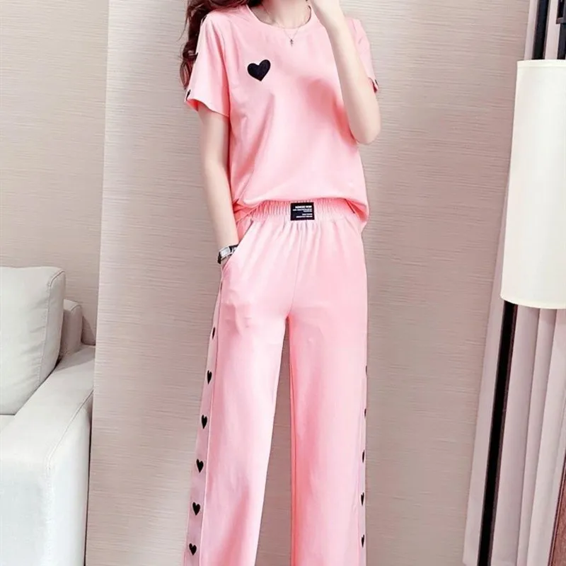 2022 Summer New Plus Size Leisure Sports Women\'s Suit Pink Love T-shirt Loose Wide Leg Pants Two-piece Set Female Tracksuit