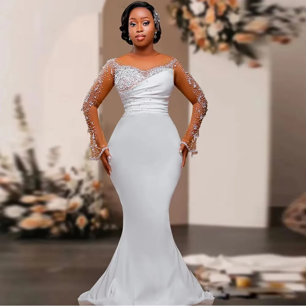Exquisite Beaded Mermaid Wedding Dress Satin Bridal Gown with Detachable Train And Flare Sleeves Pearls Detail for Bride