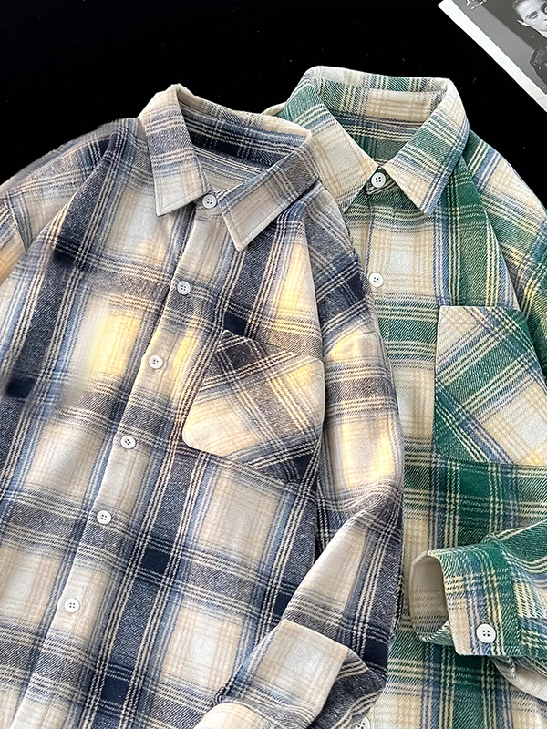 

Мужская повседневная рубашка в клетку, длинная, весенне-осенняя, новый тренд, свободного кроя, в стиле Hong Kong, дышащая, из полиэстера и хлопка...