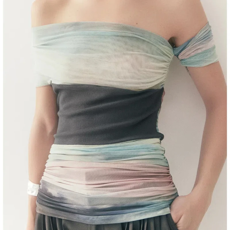 American Minimalist Office Lady Summer 2024 Lolita New Spliced Slash Neck Contrast Color Gauze Slim Elegant Short Sleeved Tops