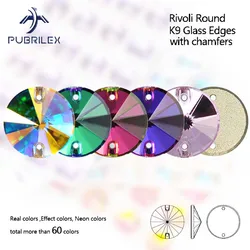 Pubrilex Rivoli Shape Sew On Rhinestones Round Crystal Strass Sewing Rhinestones Flatback Diamond for Needlework Wedding Dress