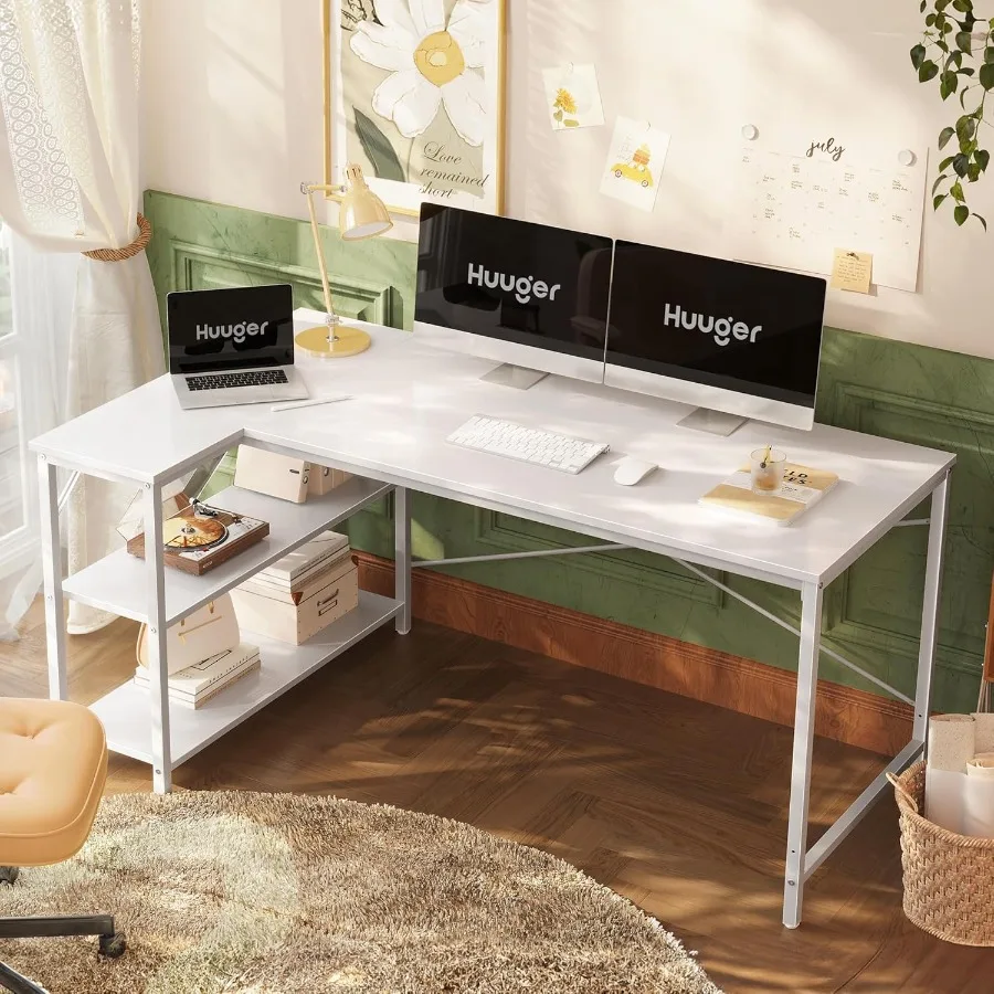 مكتب كمبيوتر على شكل حرف L مقاس 55 بوصة مع أرفف تخزين قابلة للعكس لزوايا الألعاب والمكتب المنزلي ودراسة الكتابة المعدنية المتينة