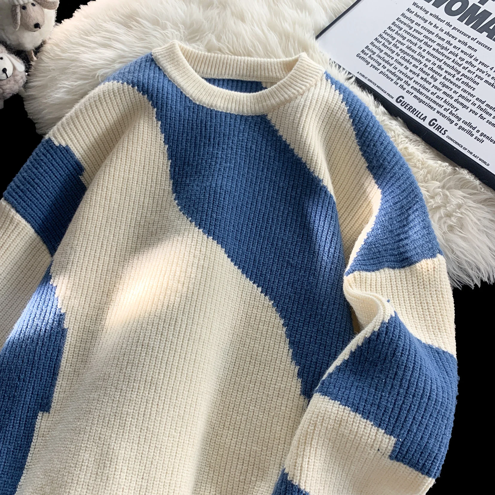 

Color Blo round Ne Knitwear Men's Spring Autumn Faion Trend Warm Loose Lazy Sle Knitted irt Casual Stripe Pattern