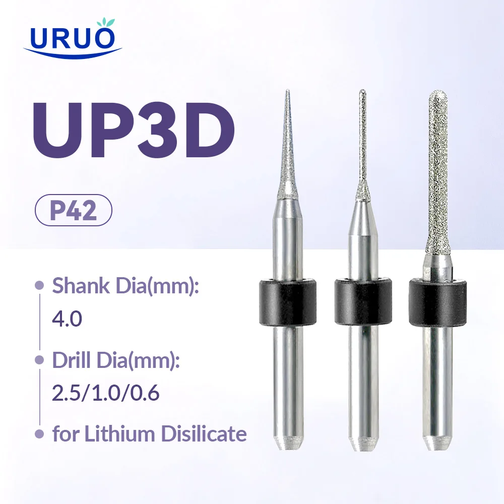 

Фрезы UP3D P42 для зуботехнических лабораторий, для обработки дисиликата лития, CAD/CAM, с хвостовиком D4, 2.5/1.0/0.6 мм