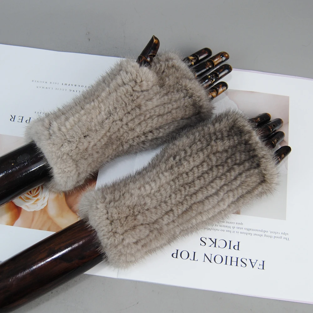 2024 New Brand Style Top Quality Women's 100% Winter Warm Real Mink Fur Knitted Half Finger Gloves Girls Typing Mittens