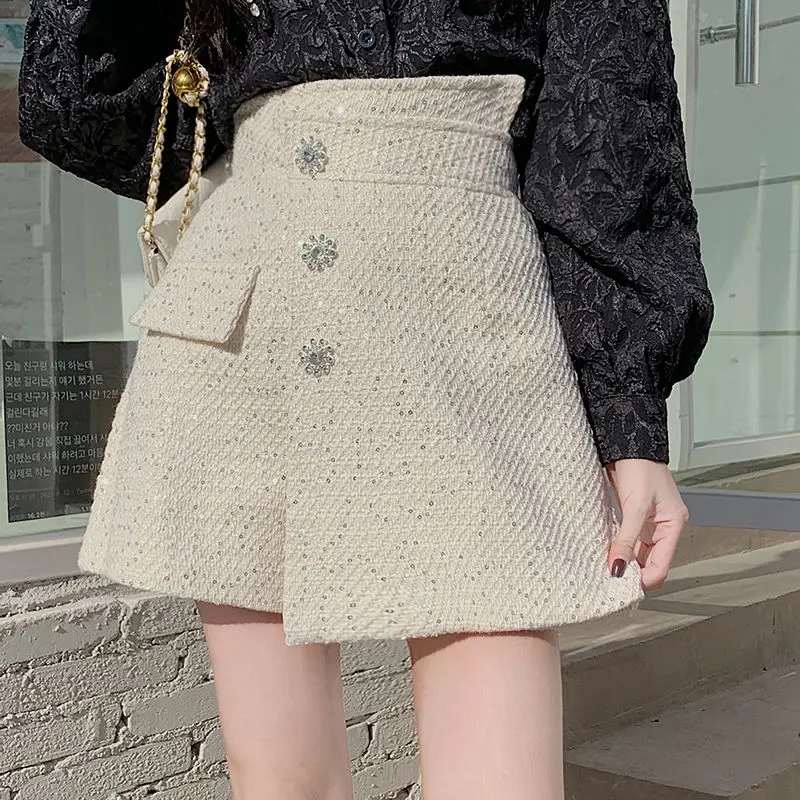 

Women 2024 Summer High Waist Tweed Shorts Button Casual A-line Office Shorts Zipper Vintage Irregular Solid Trousers LX554