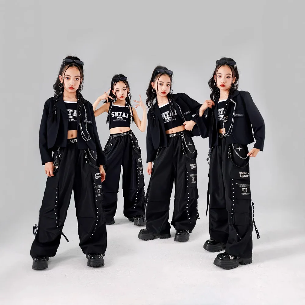 

Черный танцевальный костюм в стиле джаз для девочек, сценическая одежда в стиле K-pop, костюм для выступлений в стиле хип-хоп, модные детские брюки, шорты, куртка