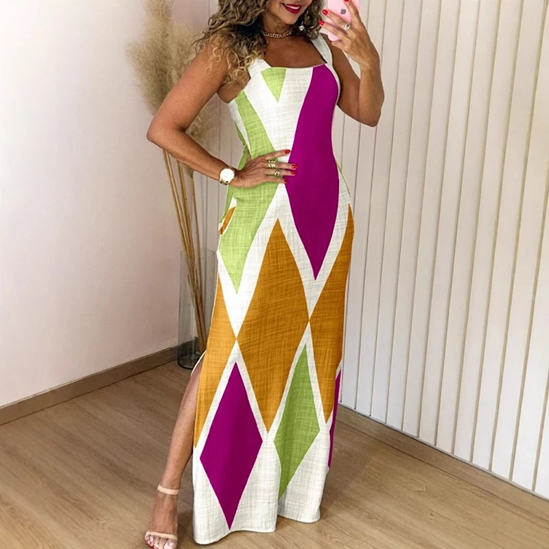 Verão nova moda vestidos femininos viajando casual gola quadrada sem mangas impressão geométrica fino ajuste fenda suspensórios vestido
