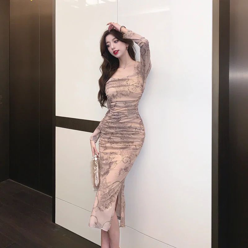 Celebrity Retro Midi Dress Women Elegant Square Collar Slim Bronzing Printed Slit Party Dress Sexy Long Sleeve Bodycon Dresses