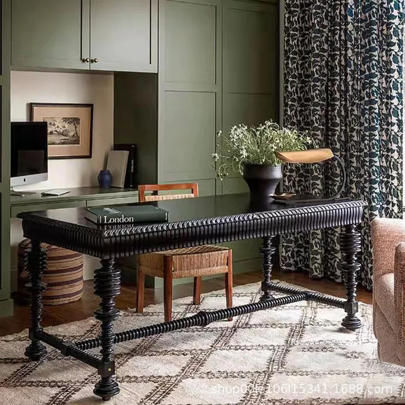 Light luxury retro medieval homestay black long table writing desk sub computer desk