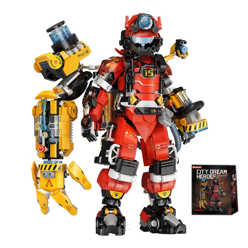 Mecha War Clothes Firefighter Building Blocks with Stand Base Exoskeleton Armor City Hero Fireman Figures Bricks Toys Kids Gift