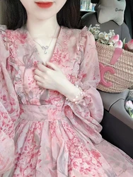 Jielur ubrania Vintage sukienka z dekoltem w serek drukuj koreański styl moda nowa szyfonowa sukienka z długim rękawem kobiety różowe ubrania Vestidos lato