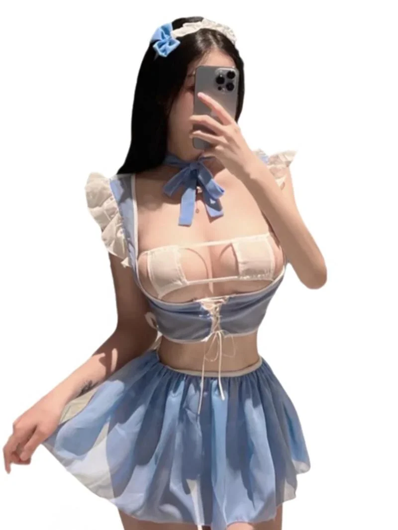 

Lingerie Sexy Chiffon Perspective Cute Maid Mature Charm Elegant Gentle Solid Uniform Set Private Sweet Lolita Skirt Set OE2M