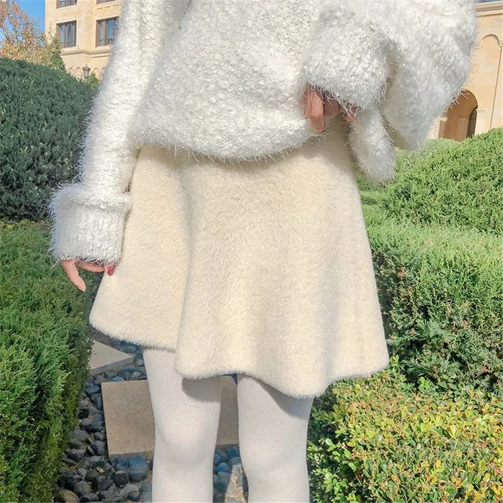 Autumn Winter Japanese Style Sweet High Waist Slim Short Faux Mink Hair Skirt Women\'S Sweet Fuzzy Girl Thicken Warm Mini Skirt