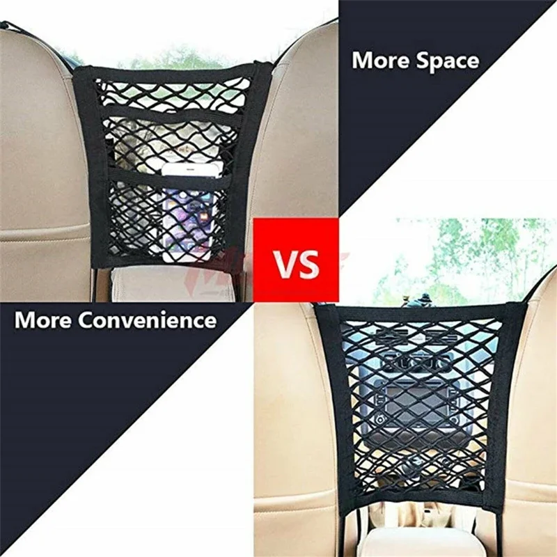 Car Net Organizer Standard Between Seat Mesh Storage Net with Pockets Front Seat Dog Barrier for Cars Trucks Three Layers