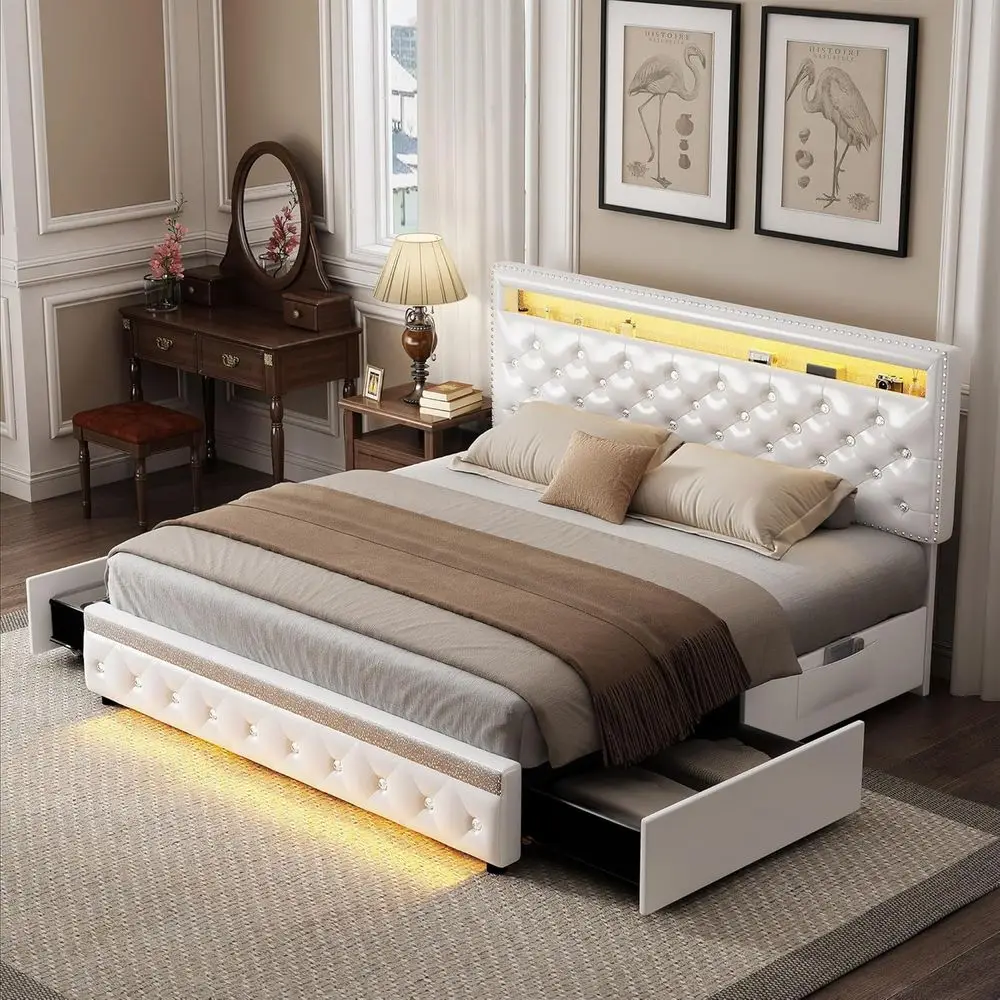 سرير كوين من جلد البولي يوريثان الأبيض مع درجين، ودعم شريحة قابل للتعديل، وخياطة ماسية