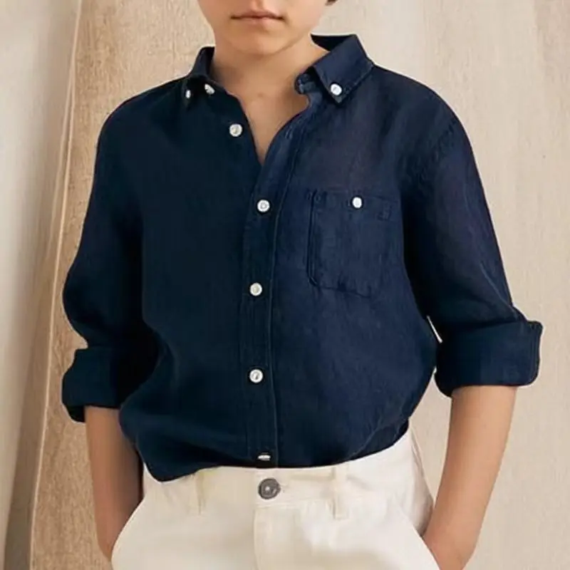 Boy's Linen Shirt Daily Casual Turn-Down Collar Long Sleeved Top College Spring Breathable Skin-Friendly Cotton-Linen Shirts
