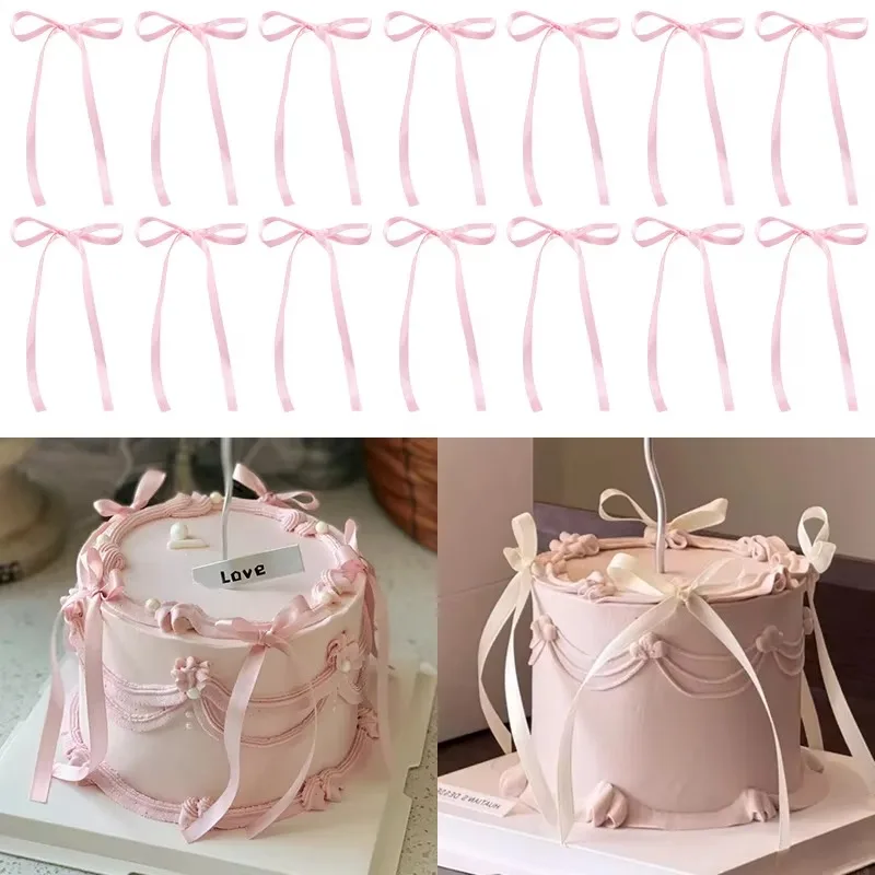 10pcs Bow Cake Topper Birthday Cake Decor Birthday Bowknot Ribbons Solid Color Coquette Bow Party Decorations Dessert Picks