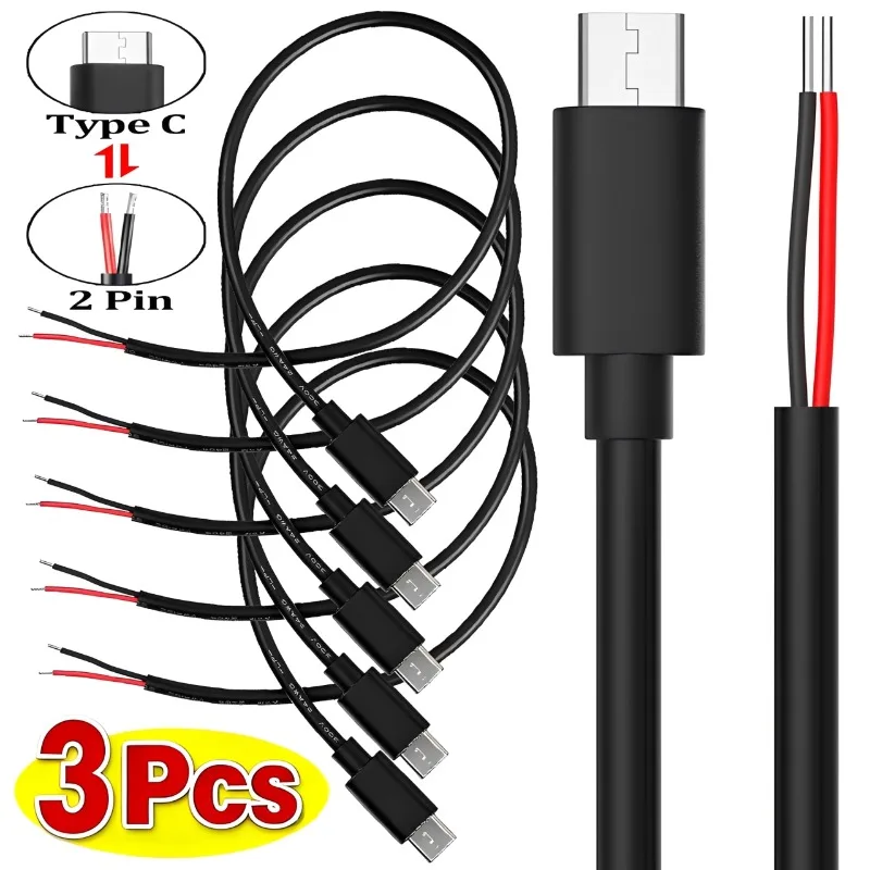 1-3PCS 5V 3A Singe USB C To 2 Pin Bare Wire Open End 24AWG USB Type C Male Pigtail Cable Cord DIY for USB C Equipment Installed