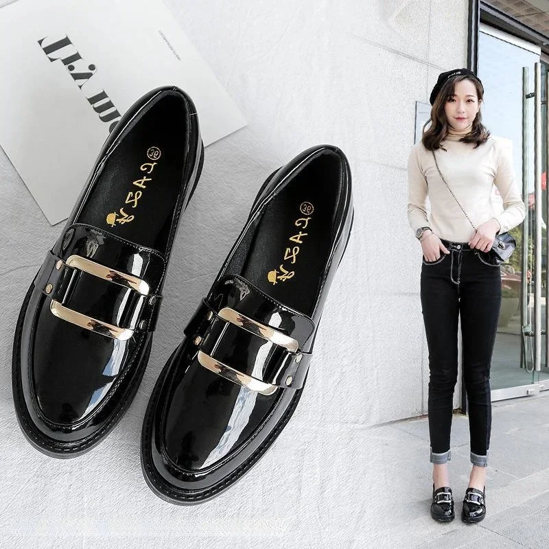 Platform Shoes Women 2021 Autumn Patent Leather Dress Shoes Pointed Toe Buckle Oxfords Shoes Decoration Loafers Woman Shoes