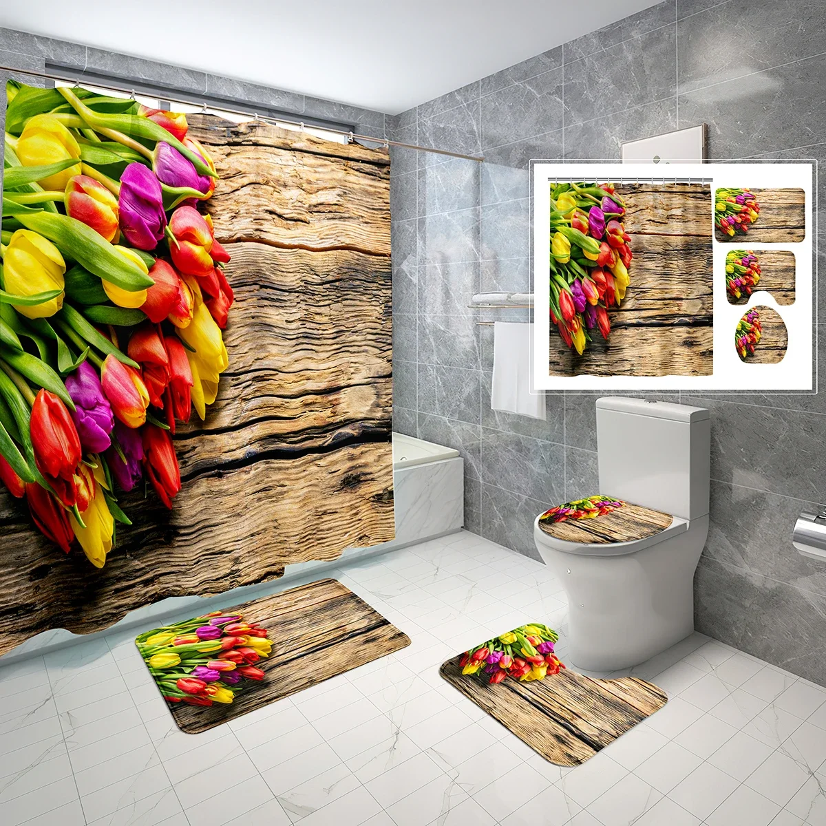 

4 шт. минималистичные наборы занавесок для душа, доски, весенние розовые цветы, нескользящий коврик для ванной, чехол для унитаза, водонепроницаемый набор занавесок для душа