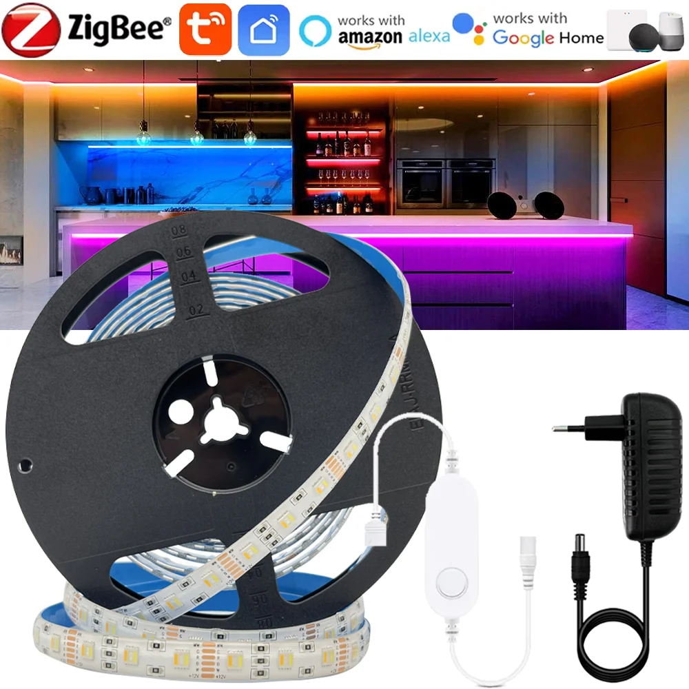 Tuya Zigbee DC12V 5050 RGBCCT LED Strip Lights Kit 1m-5m RGB+W+WW Flexible Dimmable Lights Home Decor APP Control for Alexa