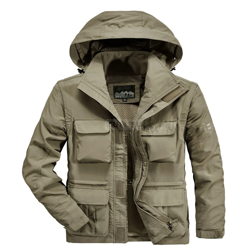 Men\'s Tactical Jacket Spring Autumn Removable Sleeve Vest Jackets Waterproof Military Coat Multi Pockets Hooded Windbreaker 4XL