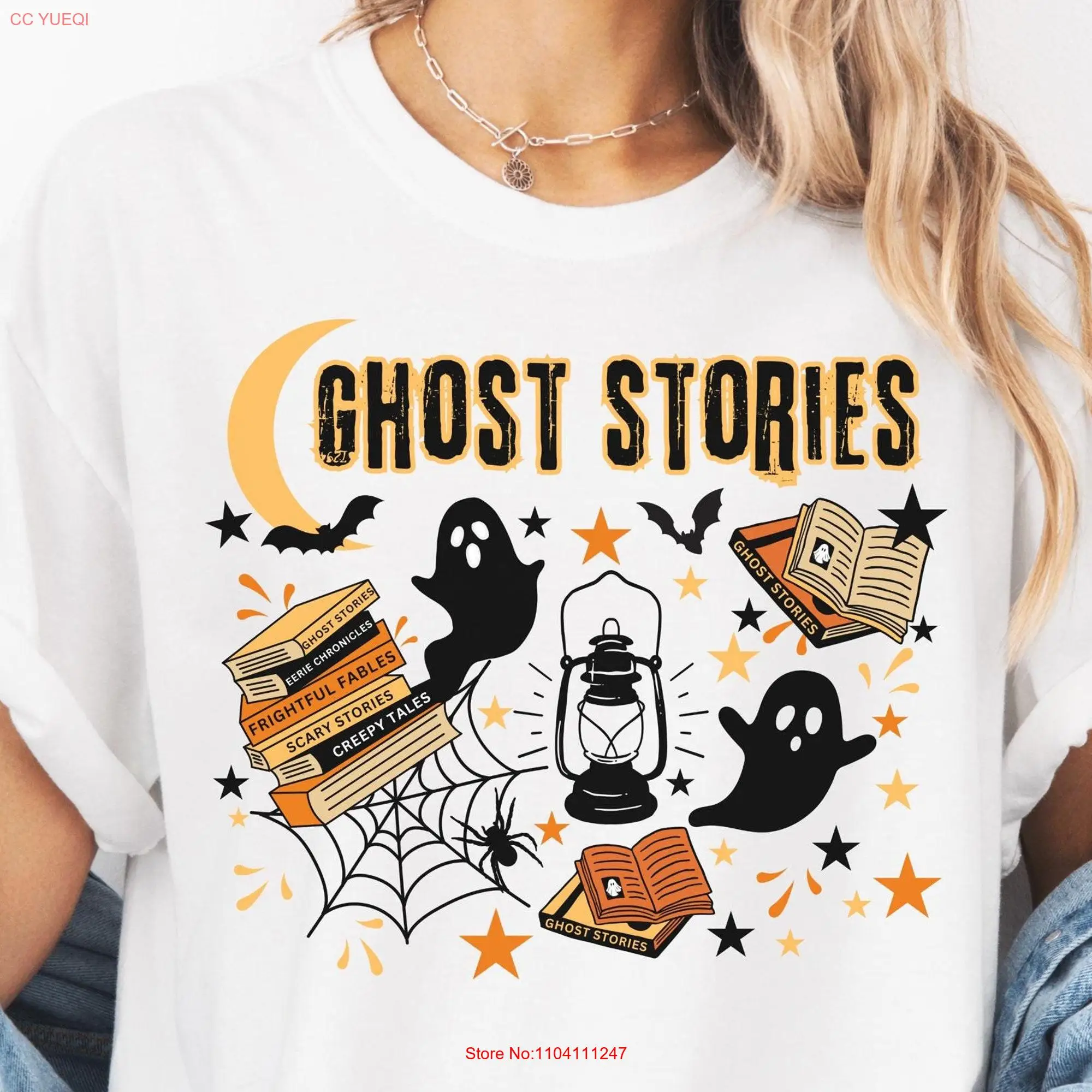 Men's and Women's Halloween T Shirt Ghost Stories Design with Spooky Cobwebs Ghosts Spiders Comfort Colors Plus Sizes Apparel