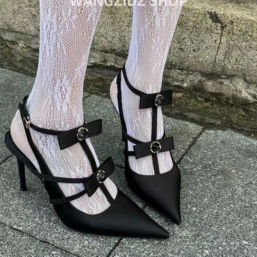 

Thin Heeled Crystal Embellished Black Satin Leather Cross Tied Butterfly Knot Pumps Women's High Heels Narrow Band Show Shoes