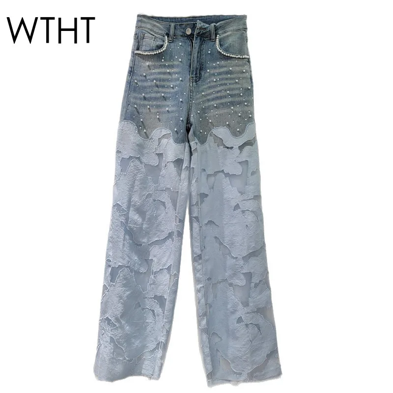 

WTHT Trendy New Women's Spliced Gauze Jacquard Pearl Elastic Jeans 2025 Summer Fashion High Waist Denim Pants Female 1LS1938