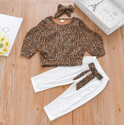 Instagram burst girls round neck long sleeve leopard print top + solid color pants leopard print three-piece set