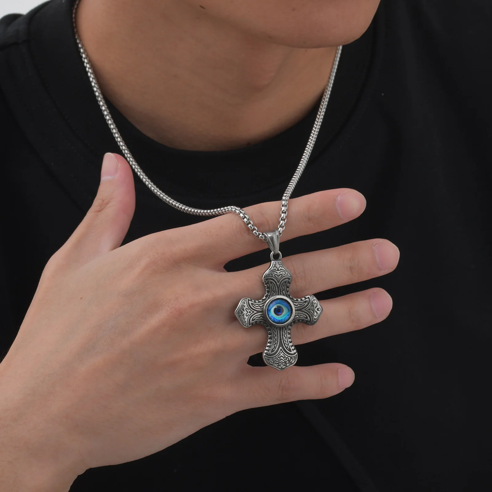 

Devid Eye Necklace for Men Boys,Vintage Cross Stainless Steel Pendant Necklace,Rock Punk Jewelry Gifts